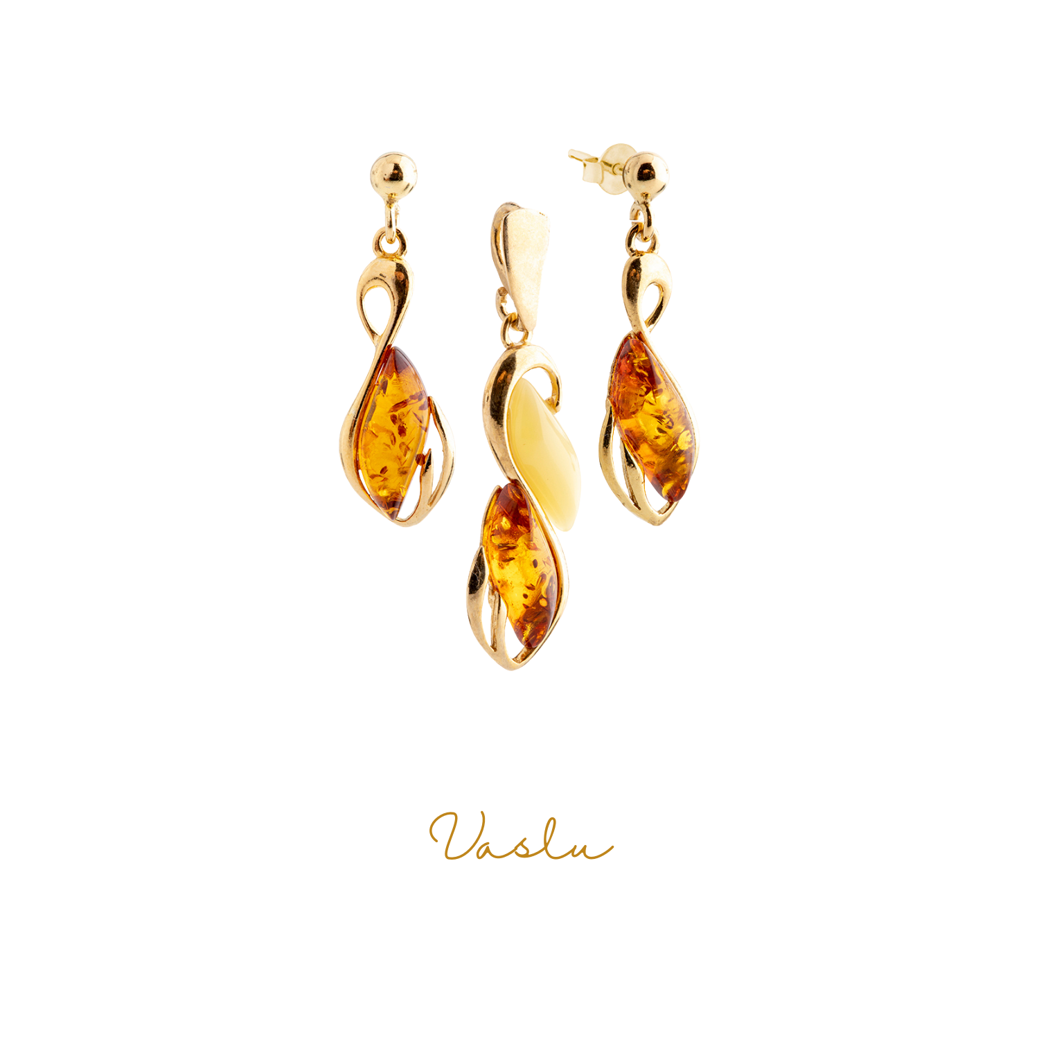 Kehribar Taşlı Altın kaplama Gümüş Kolye Seti