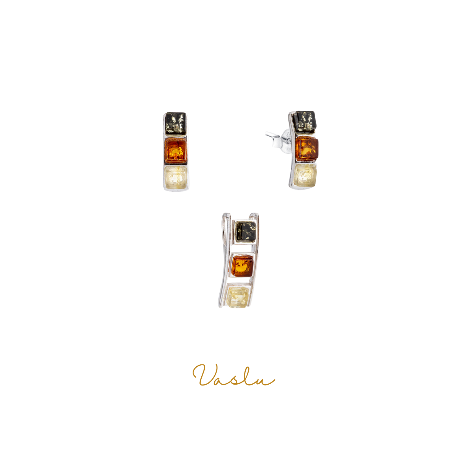 3 Farklı Renkte Kehribar Taşlı Gümüş Takı Seti