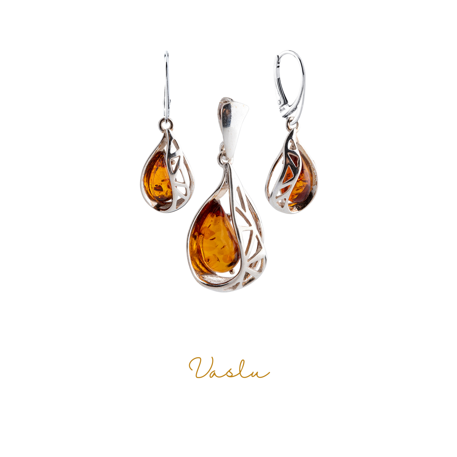 Kehribar Taşlı Kafes Gümüş Takı Seti