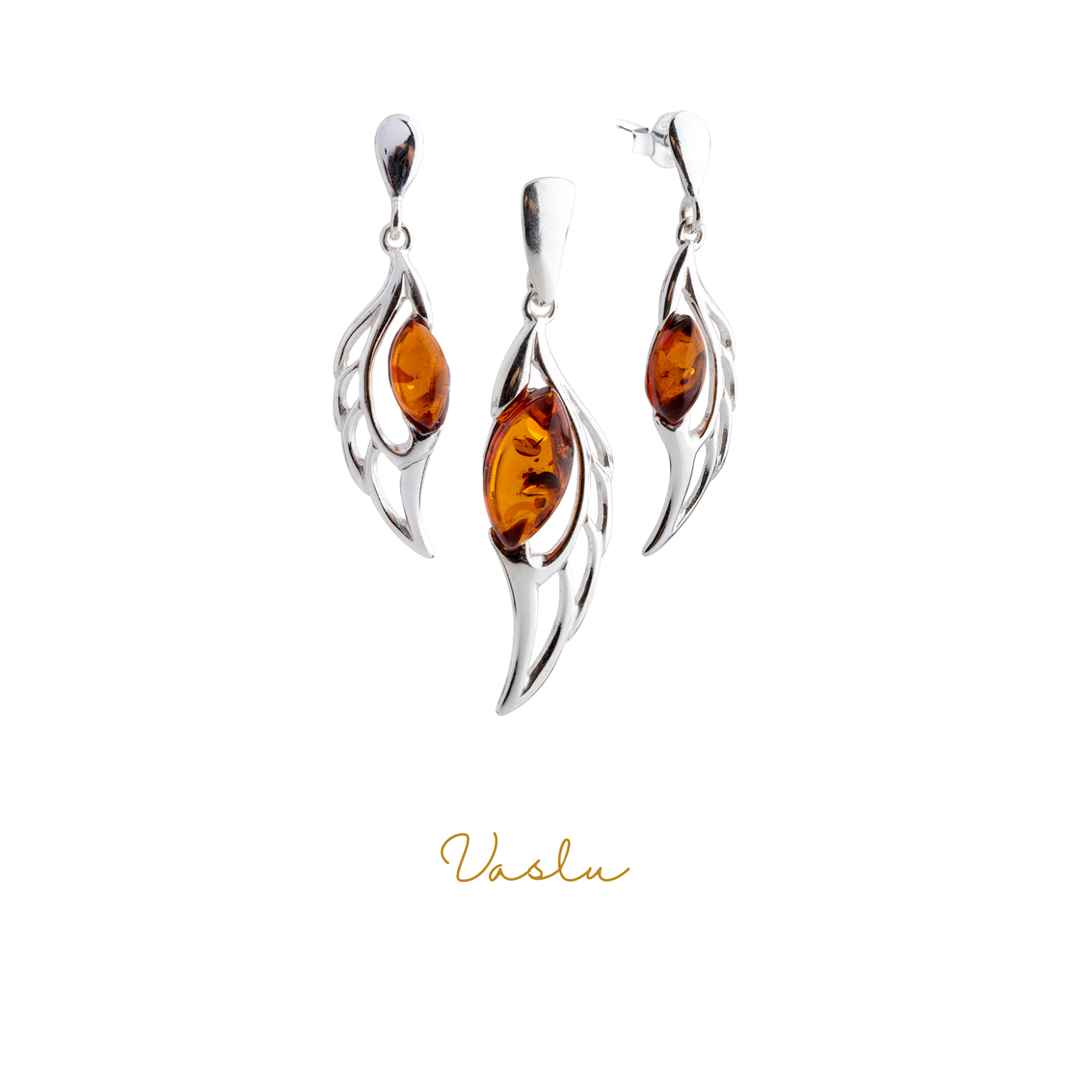 Kanat Şeklinde Kehribar Taşlı Gümüş Takı Seti