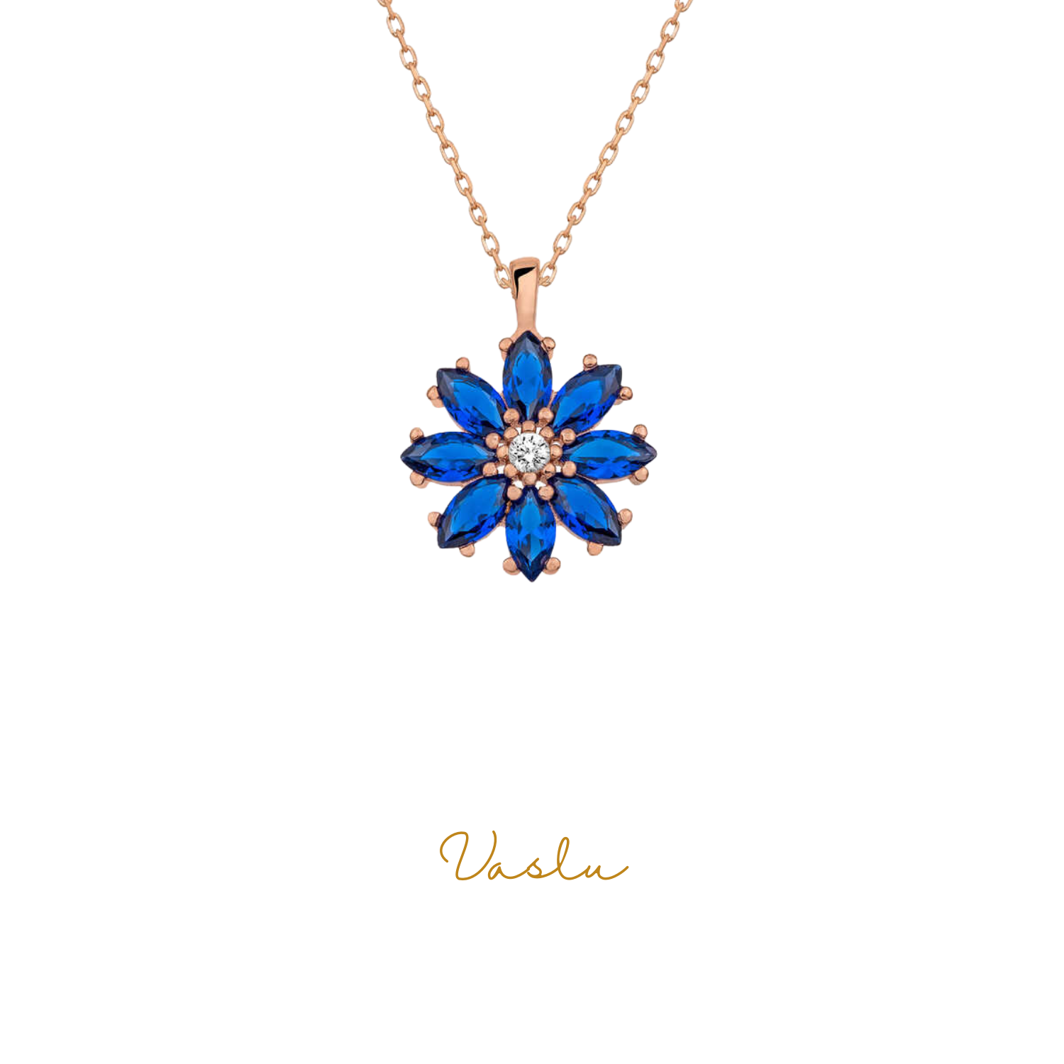 Gümüş Rose Lacivert Çiçek Kolye